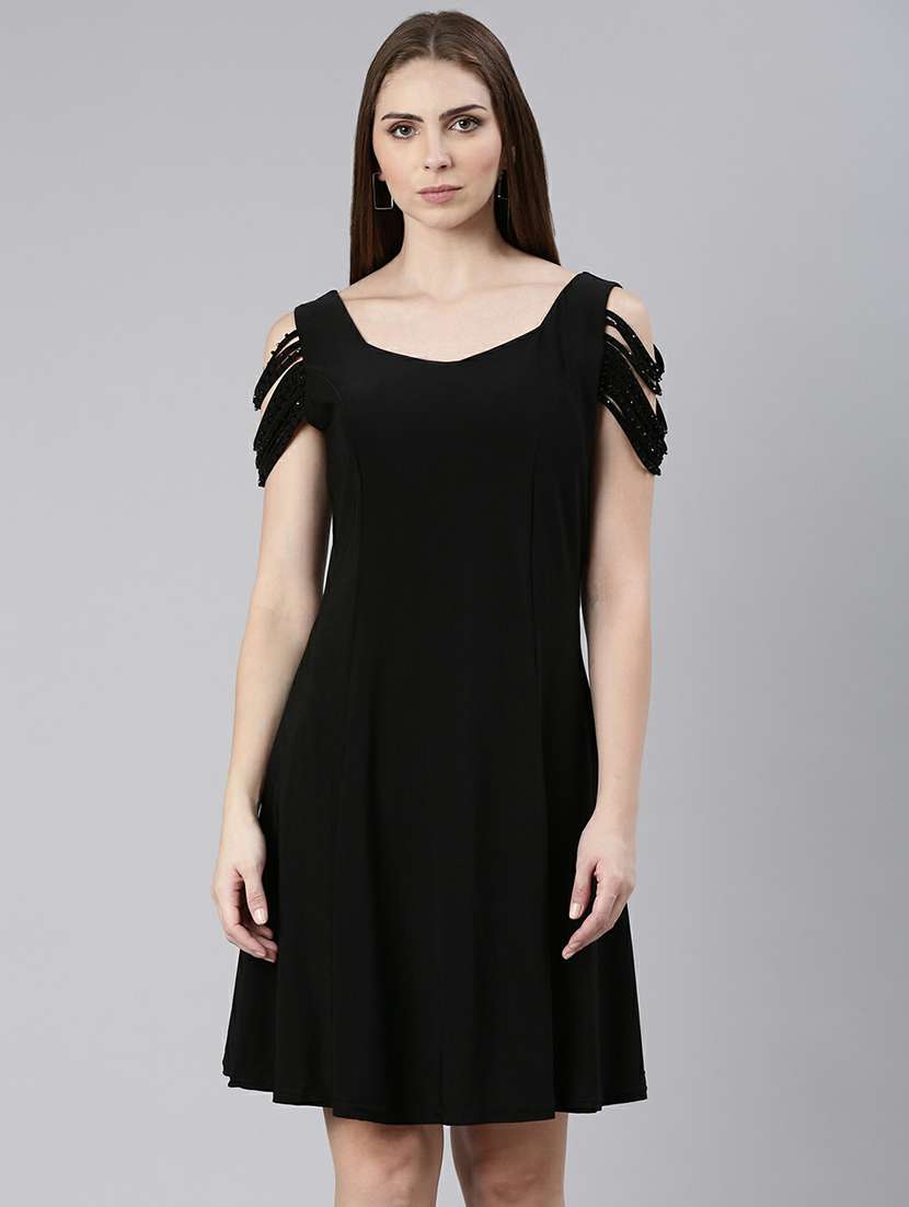 women black solid a-line dress