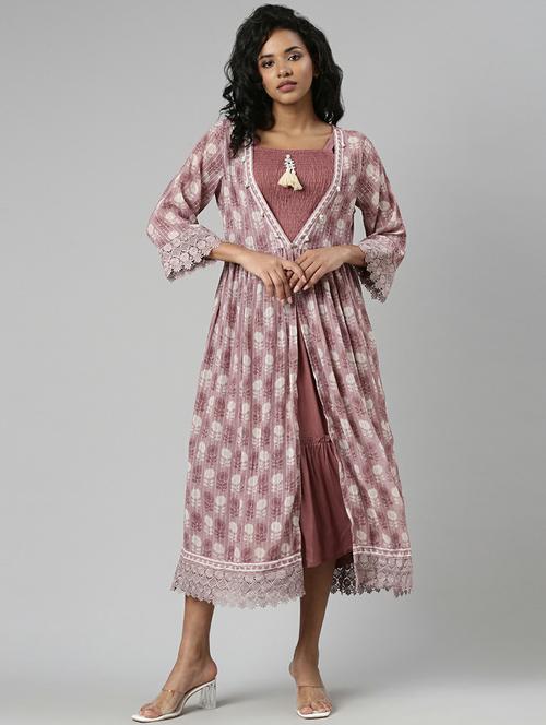 women mauve fit & flare dress with printed outer - 20605251 -  Standard Image - 0