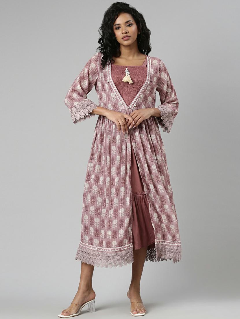 women mauve fit & flare dress with printed outer - 20605251 -  Zoom Image - 0