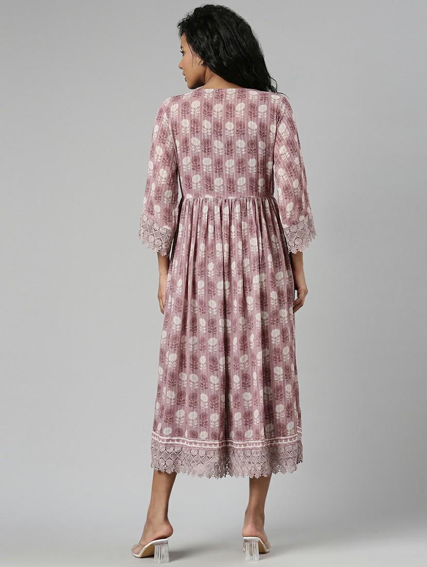 women mauve fit & flare dress with printed outer - 20605251 - Standard Image - 2