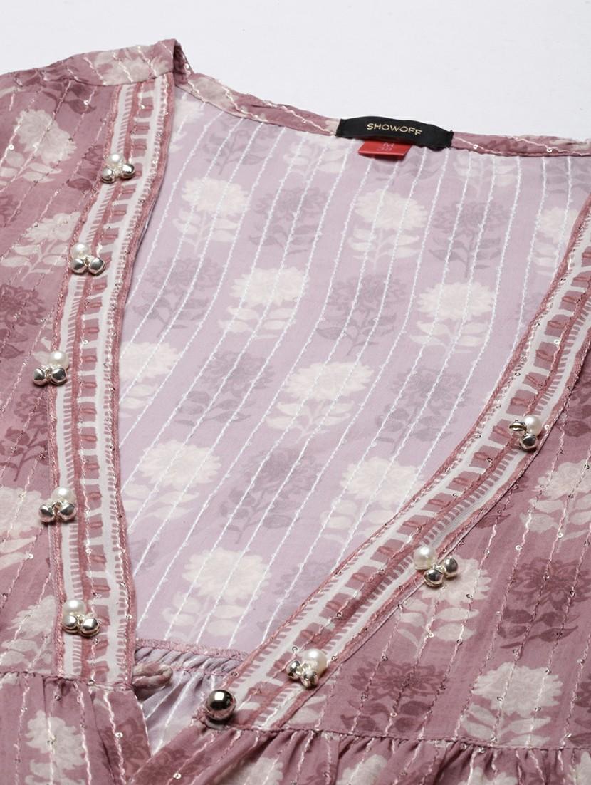 women mauve fit & flare dress with printed outer - 20605251 - Standard Image - 7