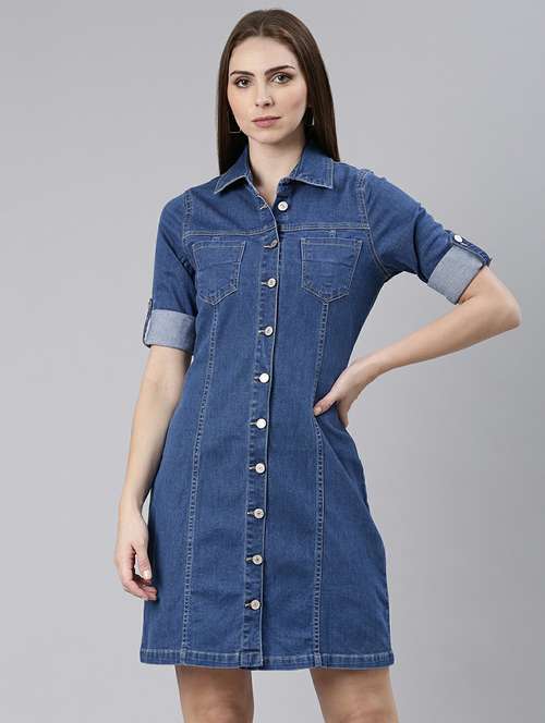 women blue solid mini shirt dress - 20605258 - Standard Image - 0