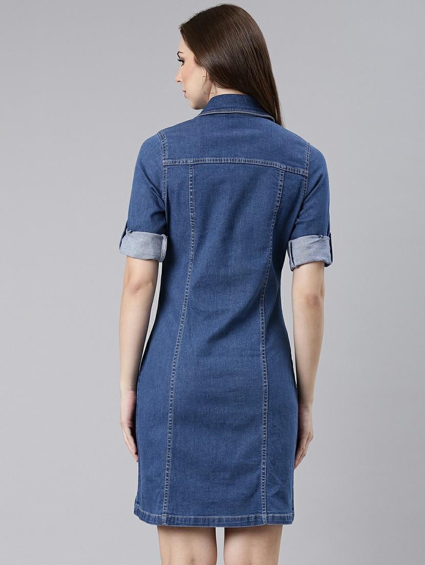 women blue solid mini shirt dress - 20605258 - Standard Image - 2