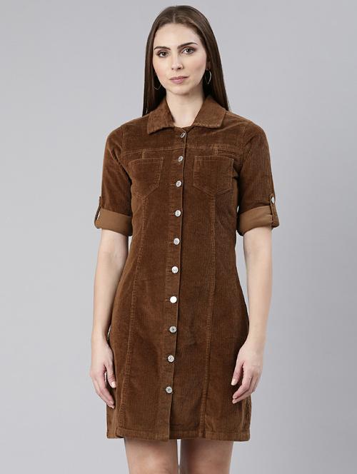 women brown corduroy mini shirt dress - 20605261 - Standard Image - 0