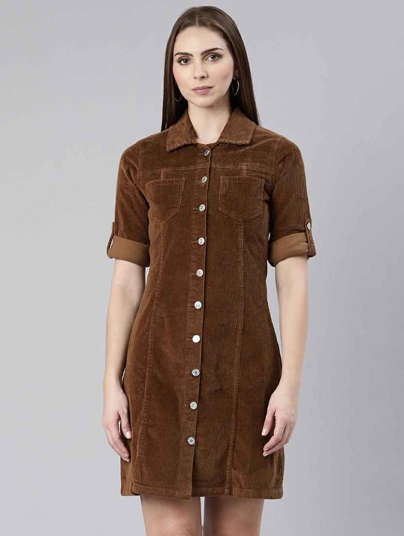 women brown corduroy mini shirt dress - 20605261 - Zoom Image - 0