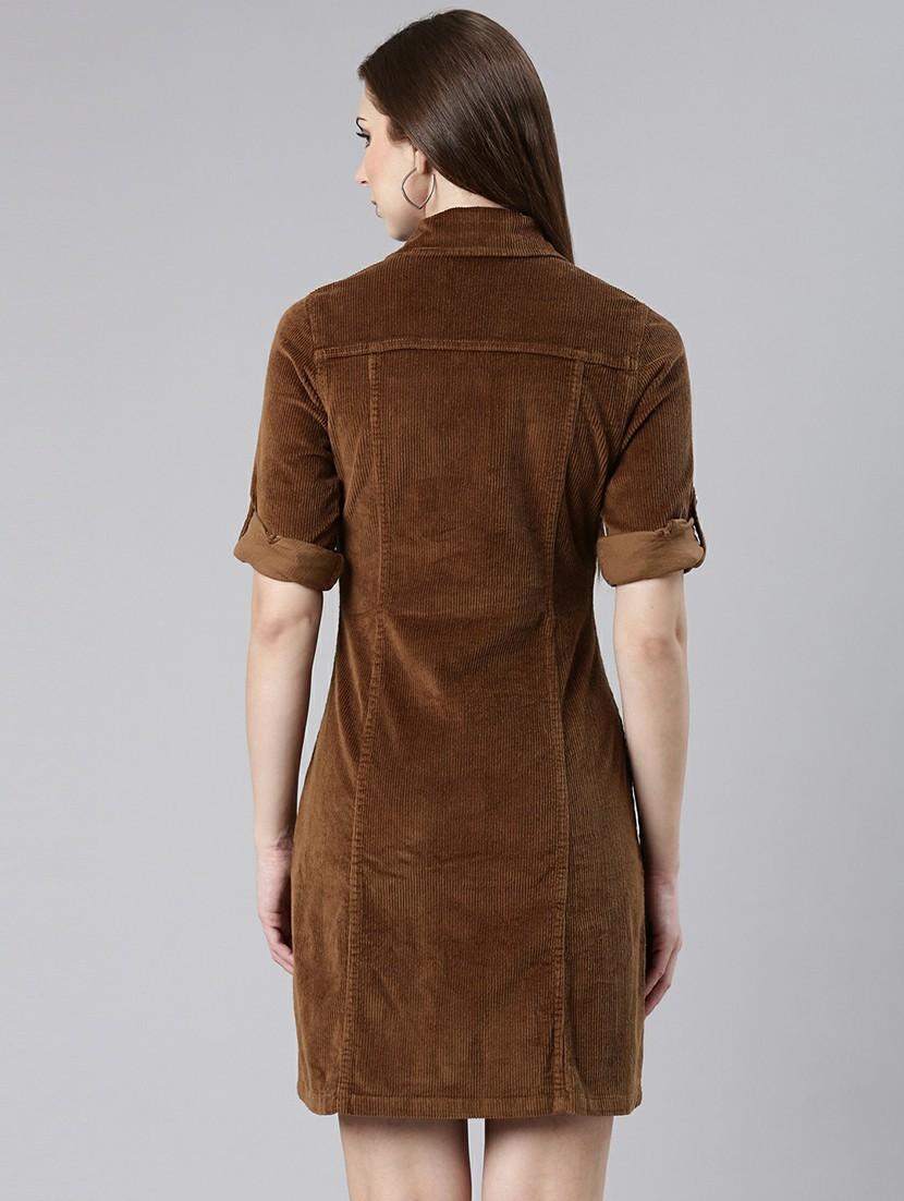 women brown corduroy mini shirt dress - 20605261 - Standard Image - 2