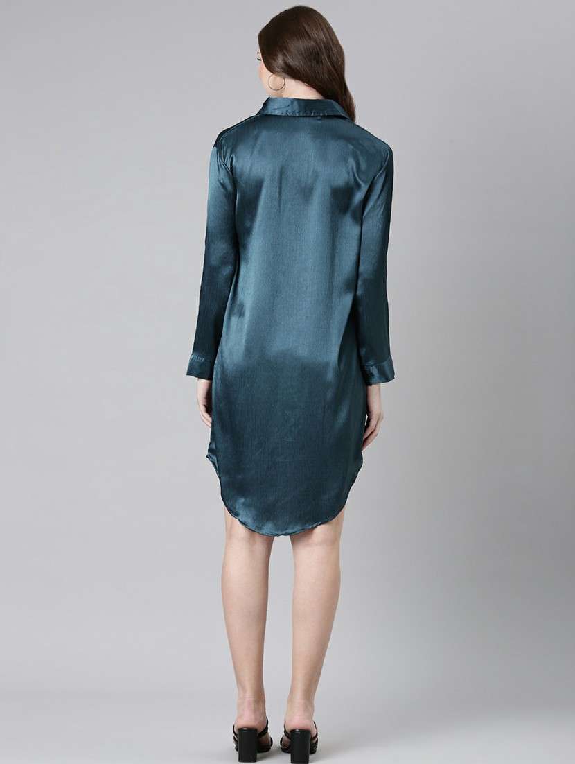 women teal blue satin shirt dress - 20605288 -  Standard Image - 2