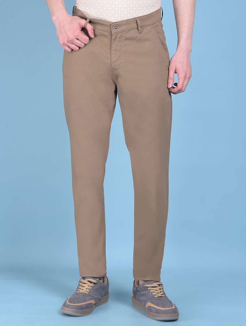 men brown flat front casual trousers