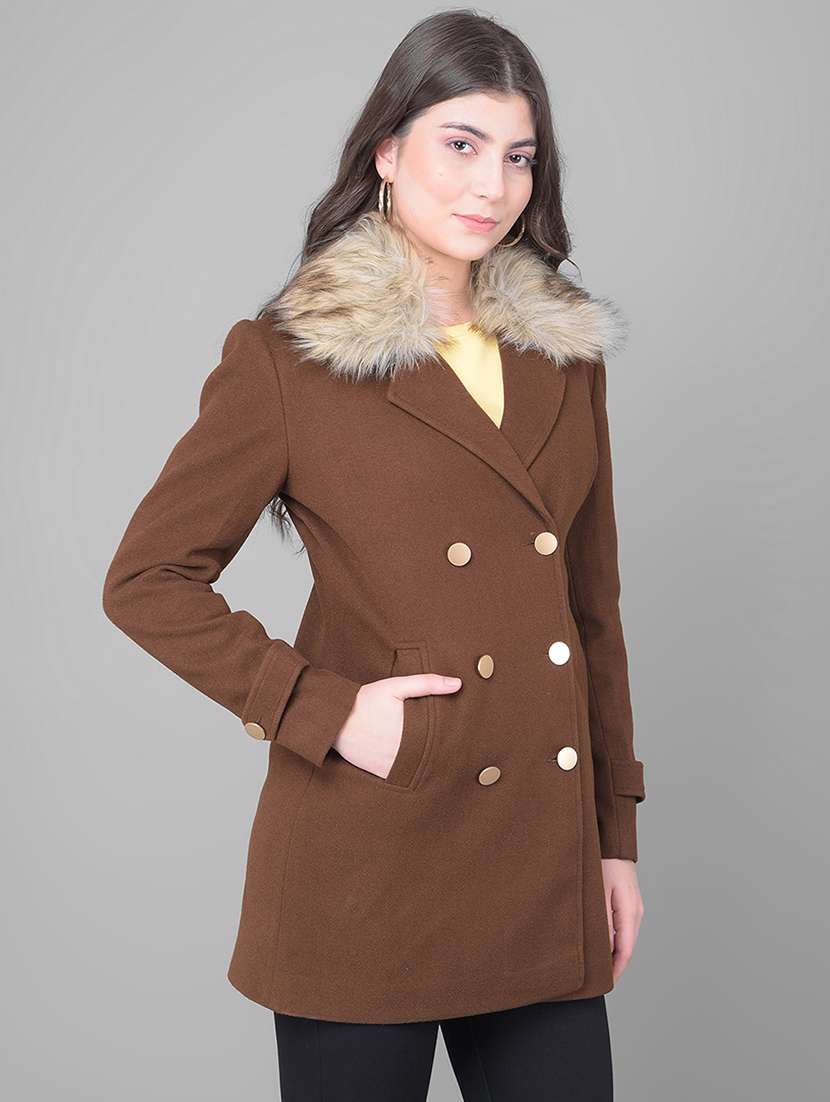 women brown fur collar pea coat