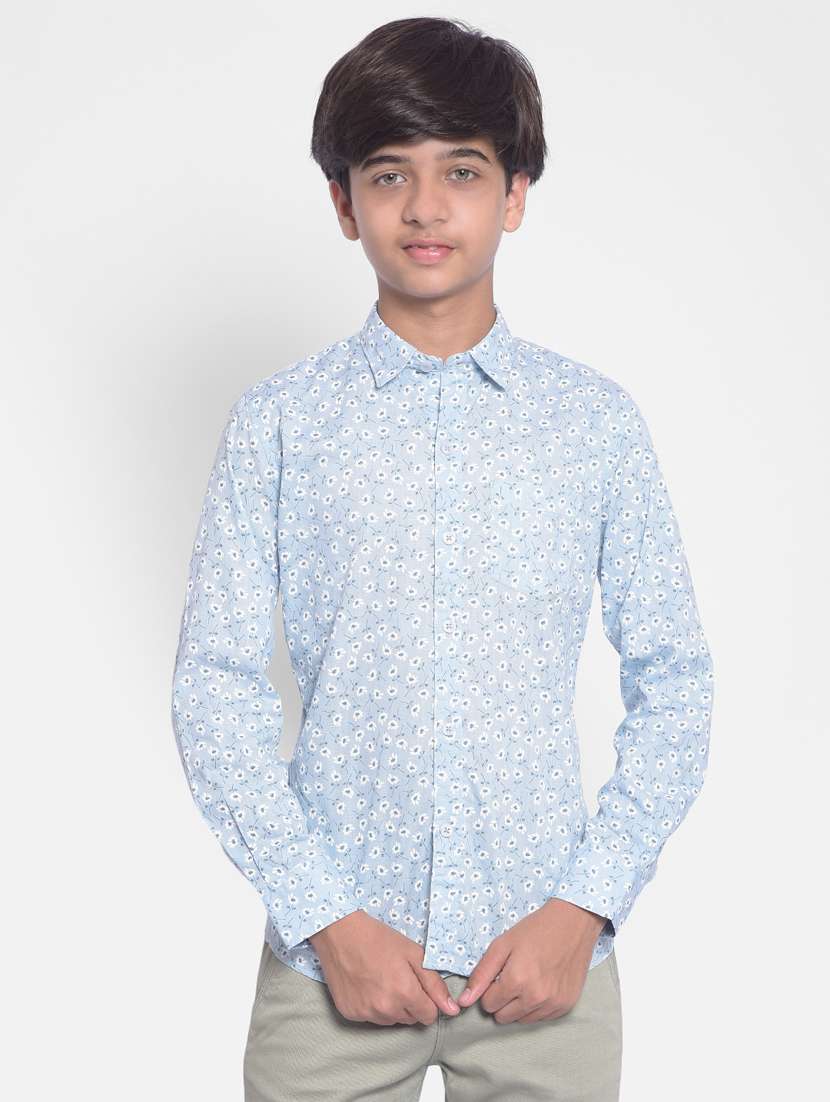 kids blue floral printed cotton shirt