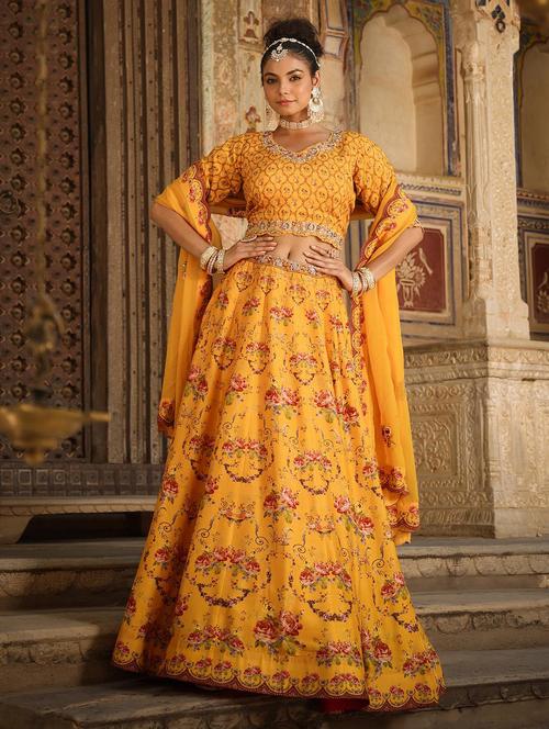 mustard floral flared stitched lehnga - 20605483 - Standard Image - 0