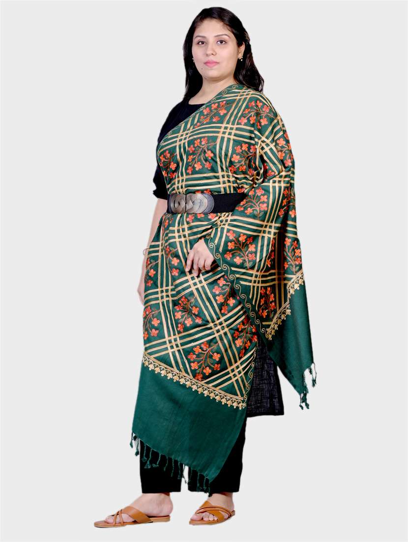 unisex green embroidered wool blend shawl