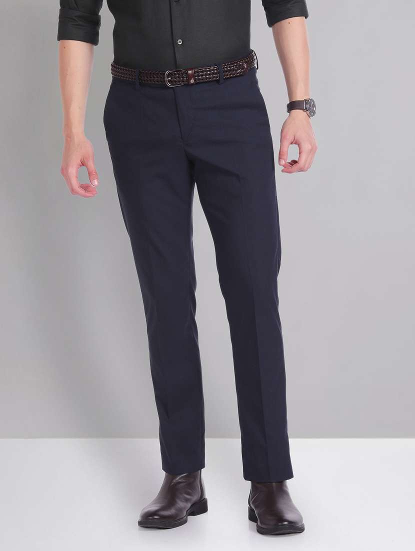 men navy blue slim fit formal trousers