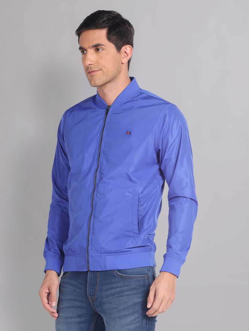 men solid blue bomber jacket