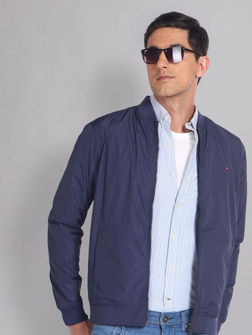 men solid blue bomber jacket - 20609191 - Zoom Image - 0