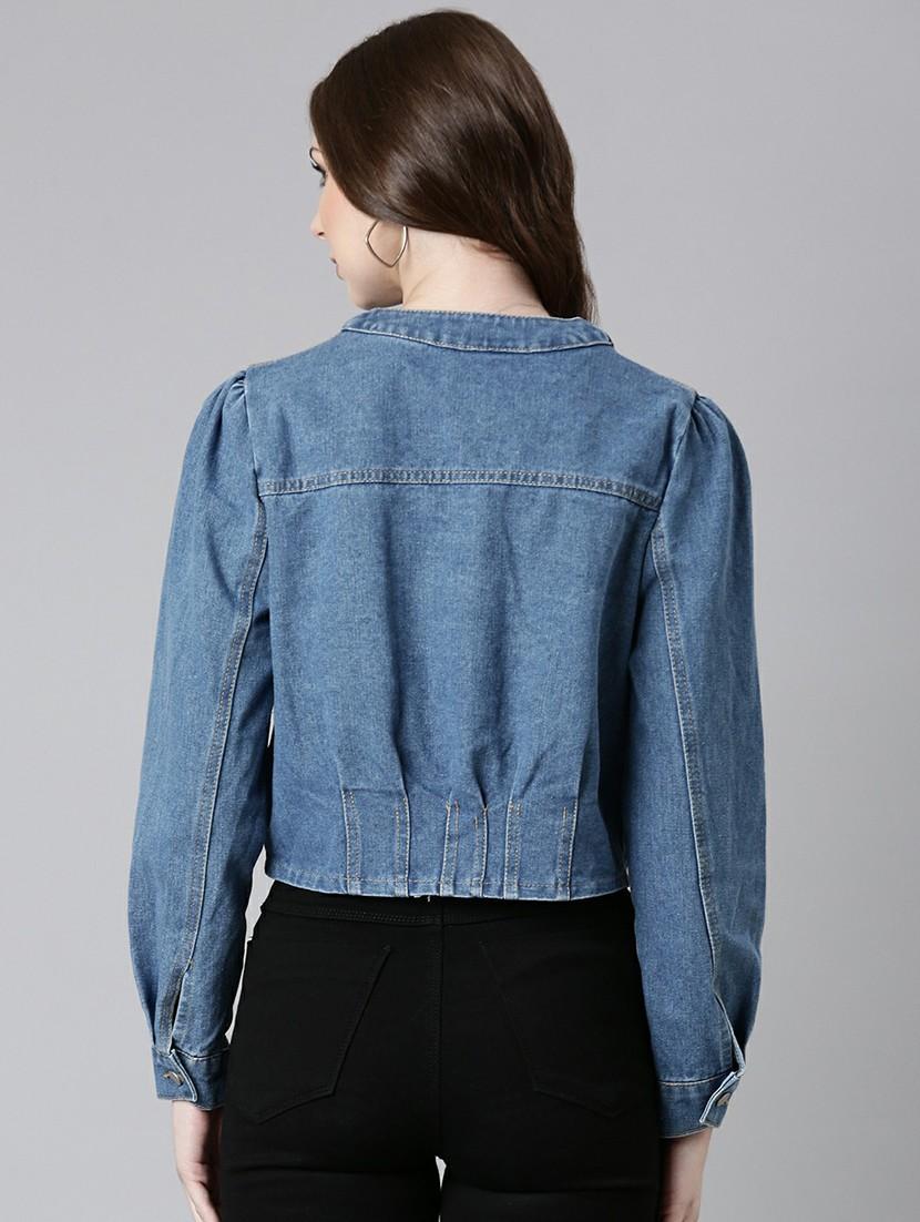 women v-neck blue solid denim jacket - 20610313 - Standard Image - 2