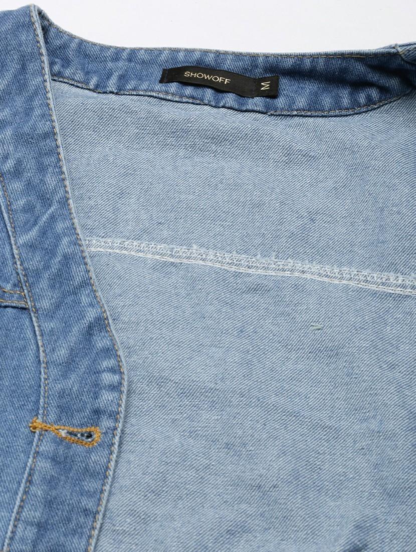 women v-neck blue solid denim jacket - 20610313 - Standard Image - 7