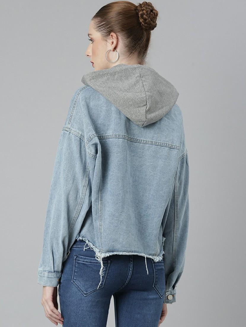 women light blue solid cropped denim jacket - 20610314 - Standard Image - 2