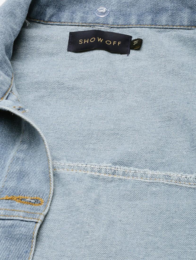 women light blue solid cropped denim jacket - 20610314 - Standard Image - 7