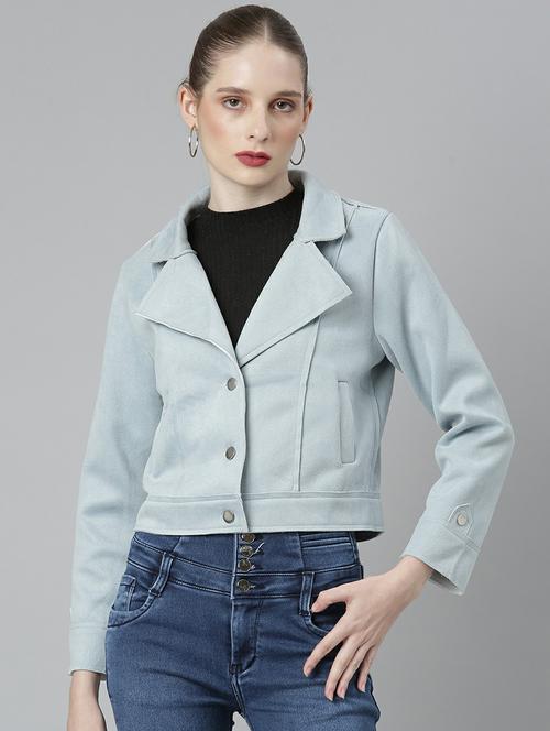 women light blue solid regular jacket - 20610316 - Standard Image - 0