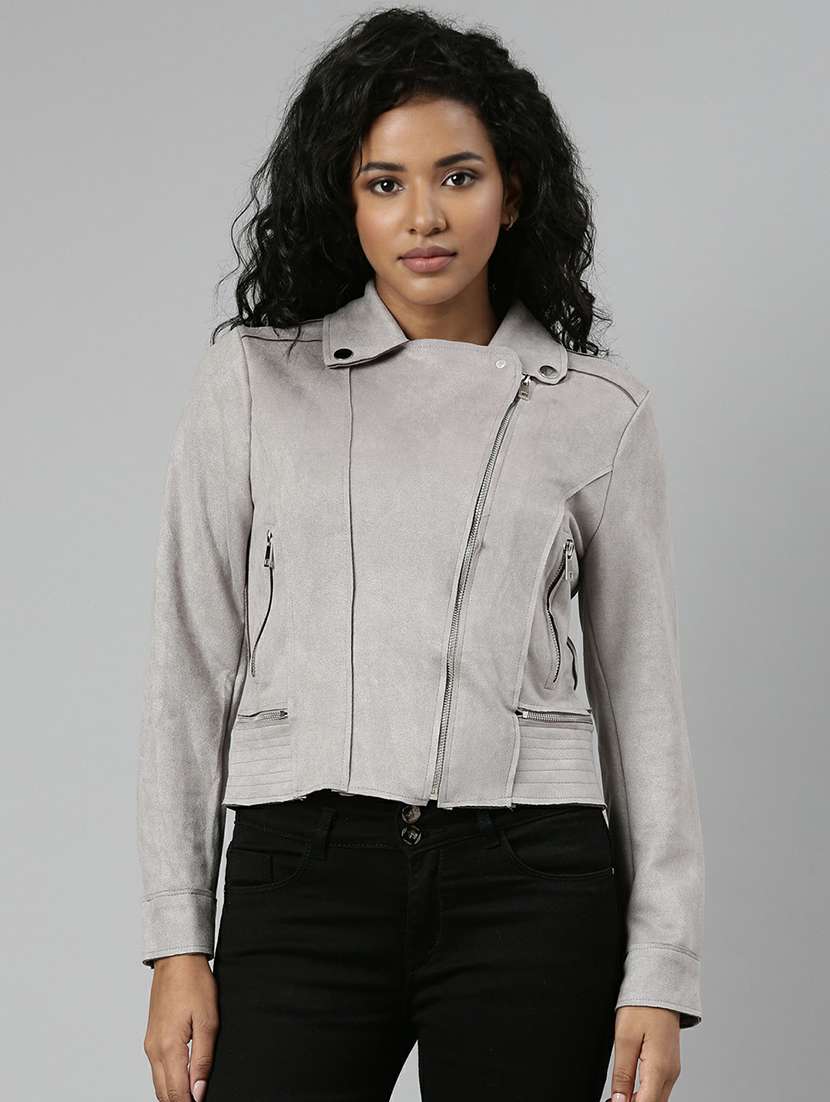 women grey solid regular jacket