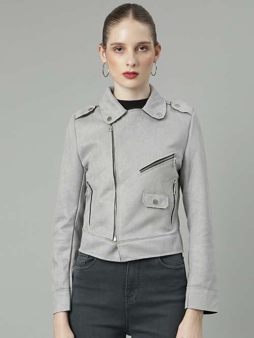 women grey solid regular jacket - 20610328 - Standard Image - 0
