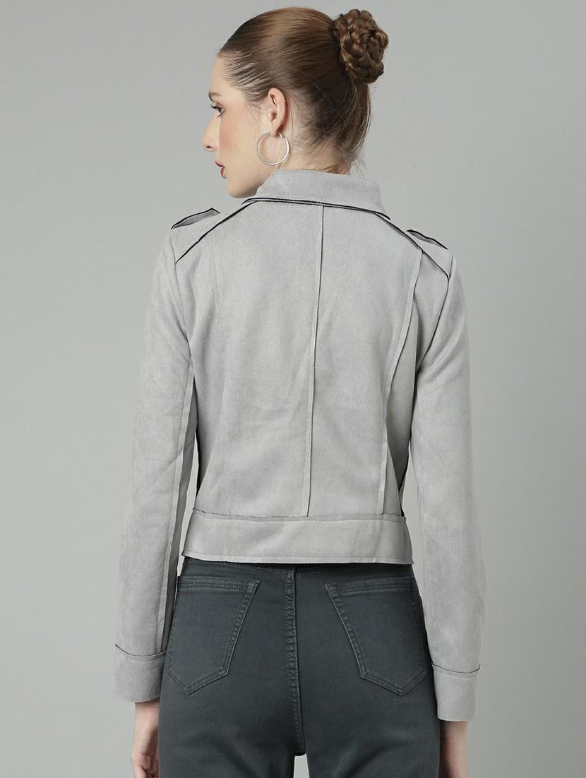 women grey solid regular jacket - 20610328 - Standard Image - 2