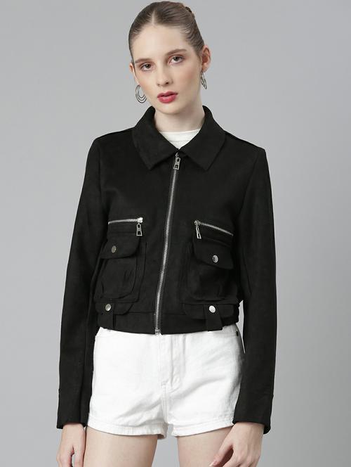 women black solid regular jacket - 20610329 - Standard Image - 0