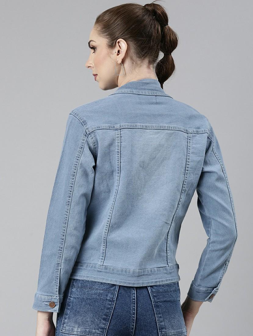 women light blue solid denim jacket - 20610348 - Standard Image - 2