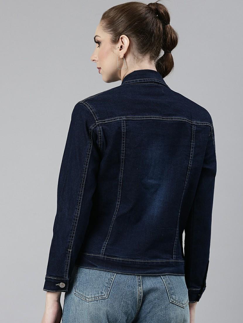 women navy blue solid denim jacket - 20610351 - Standard Image - 2