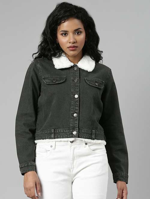 women olive solid denim jacket - 20610354 -  Standard Image - 0