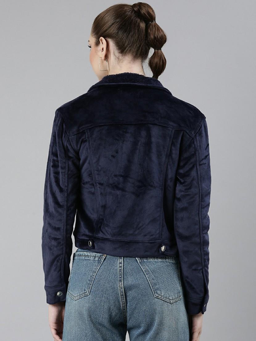 women navy blue solid regular jacket - 20610356 - Standard Image - 2