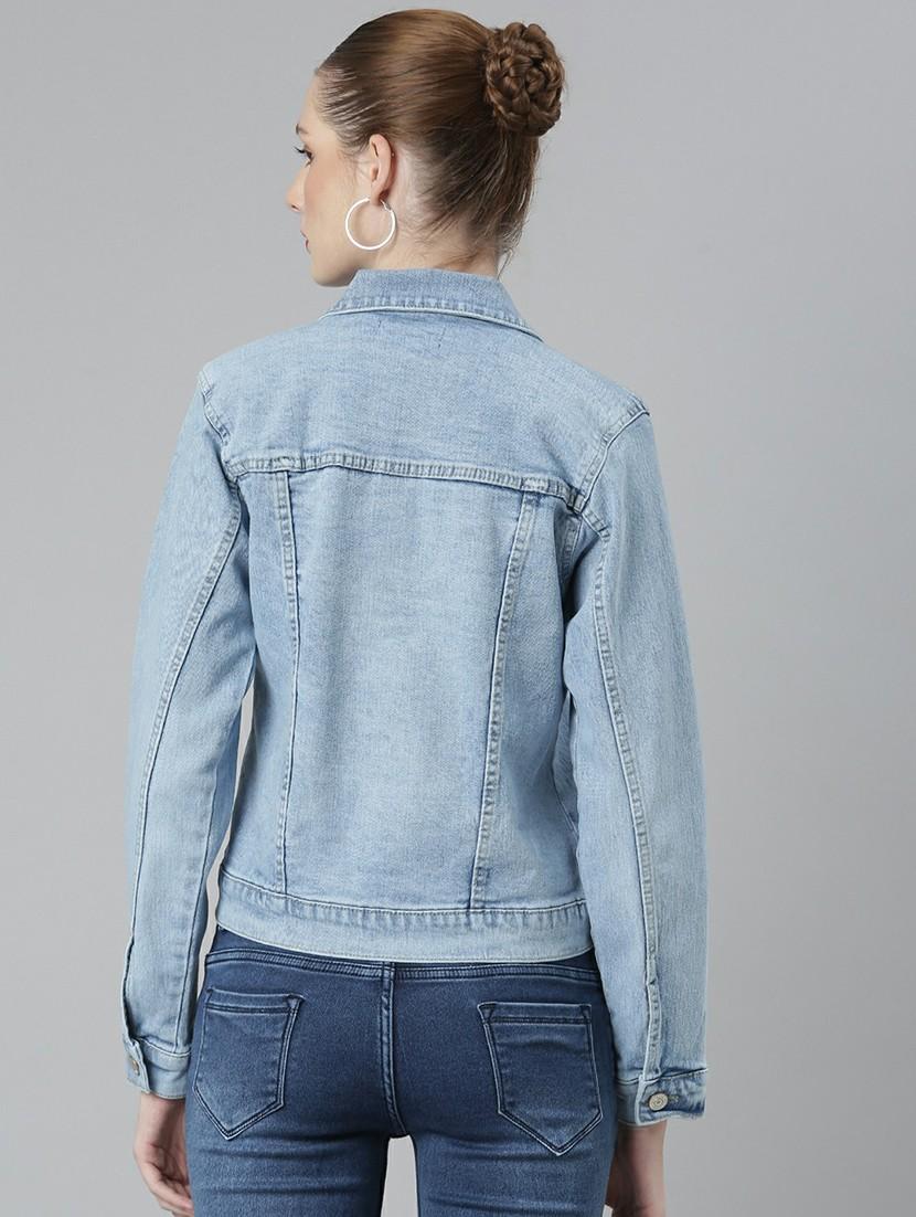 women light blue solid denim jacket - 20610370 - Standard Image - 2