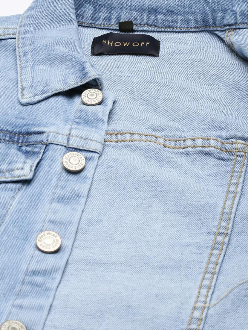 women light blue solid denim jacket - 20610370 - Standard Image - 7