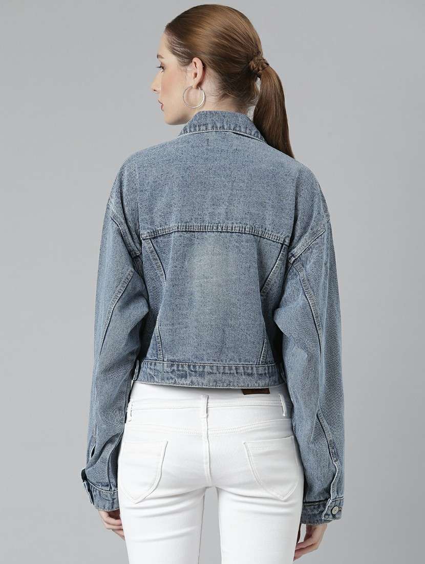 women blue solid denim jacket - 20610372 -  Standard Image - 2