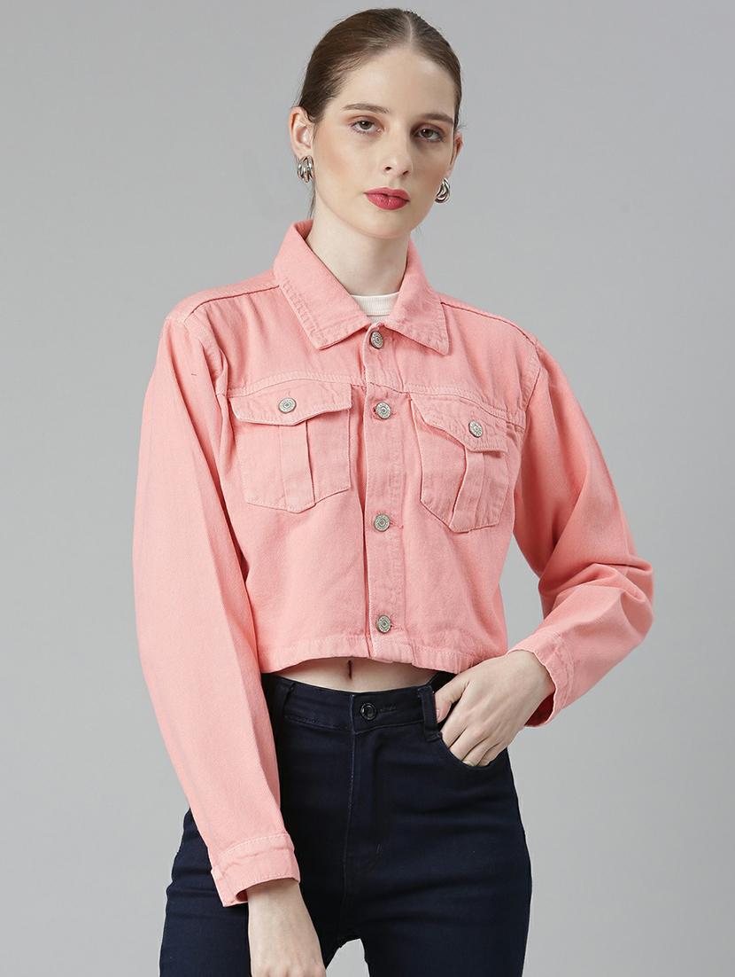 women coral solid denim jacket
