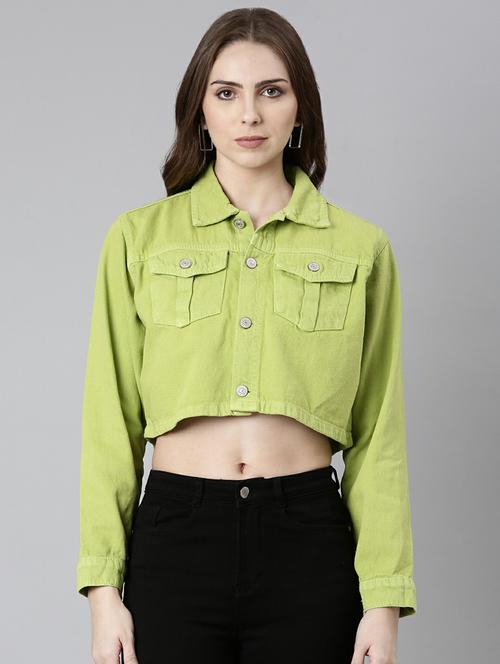 women lime solid denim jacket - 20610379 - Standard Image - 0