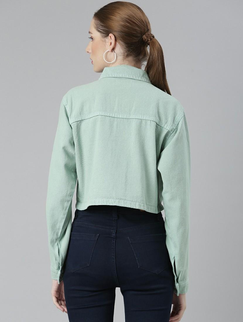 women sea green solid denim jacket - 20610381 - Standard Image - 2