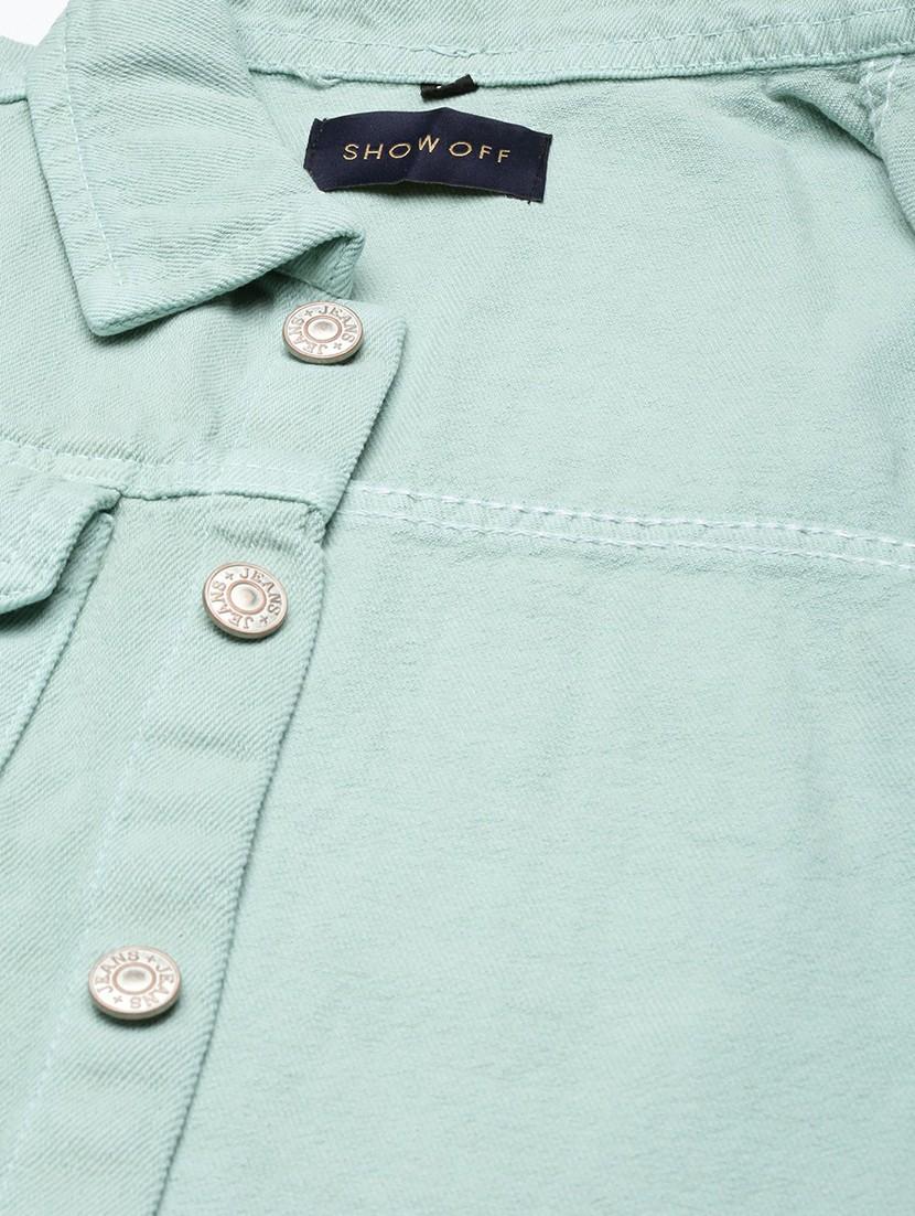 women sea green solid denim jacket - 20610381 - Standard Image - 7