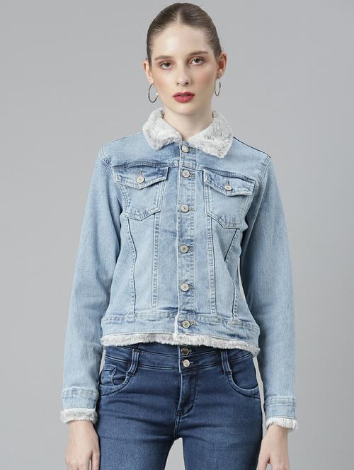 women blue solid denim jacket - 20610385 - Standard Image - 0