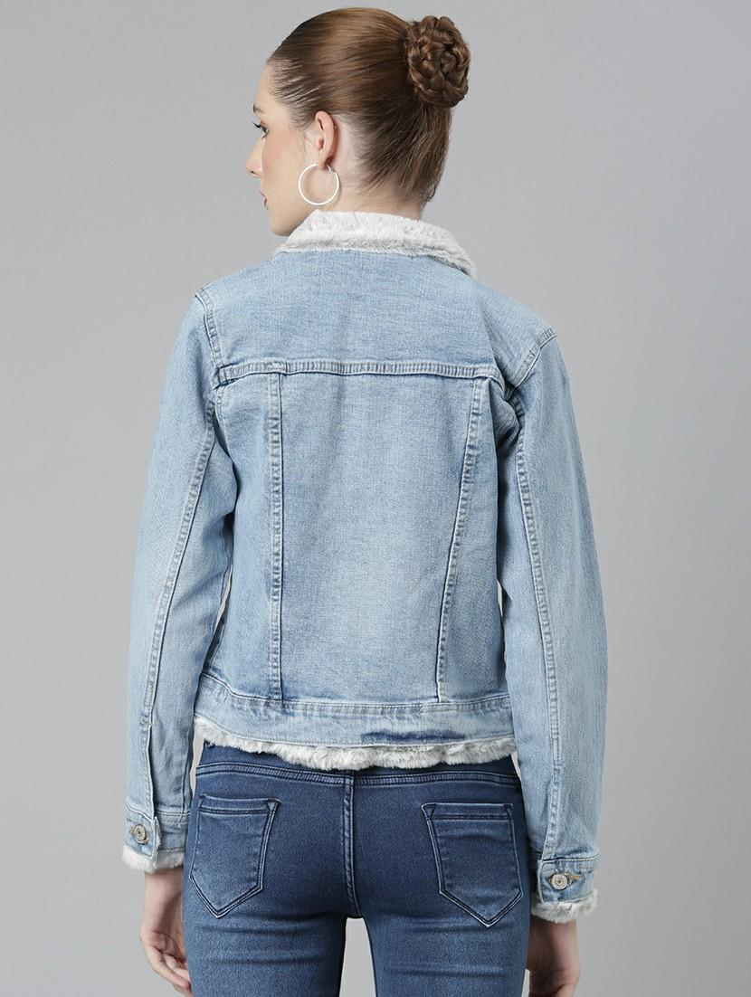 women blue solid denim jacket - 20610385 - Standard Image - 2