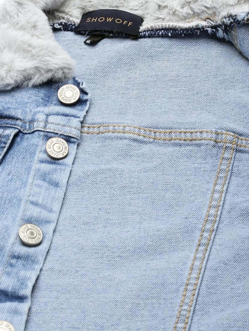 women blue solid denim jacket - 20610385 - Standard Image - 7