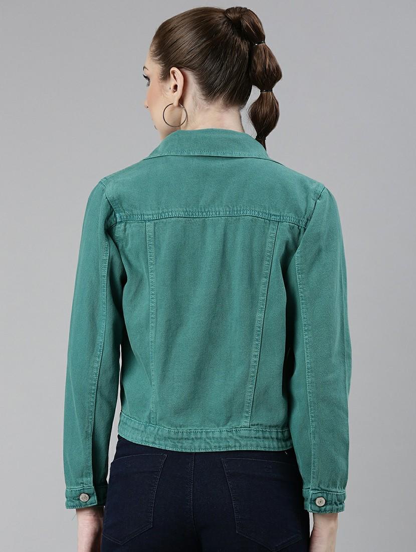 women turquoise solid denim jacket - 20610388 - Standard Image - 2