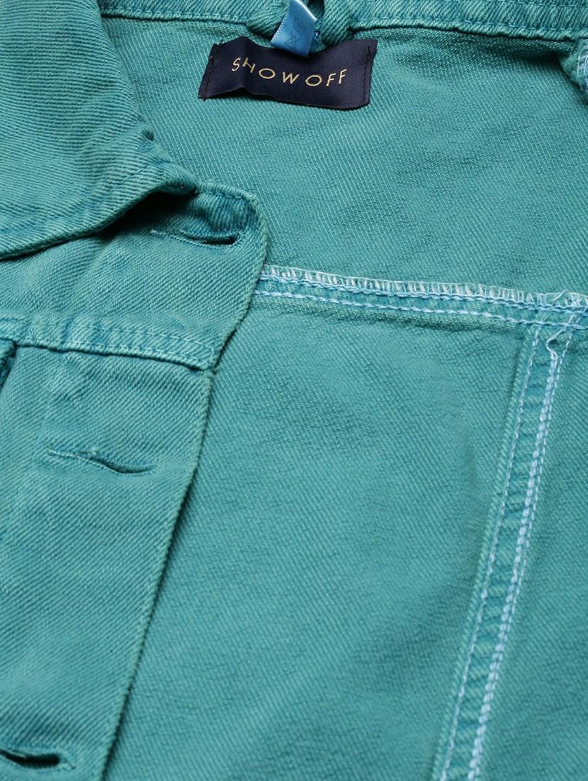 women turquoise solid denim jacket - 20610388 - Standard Image - 7