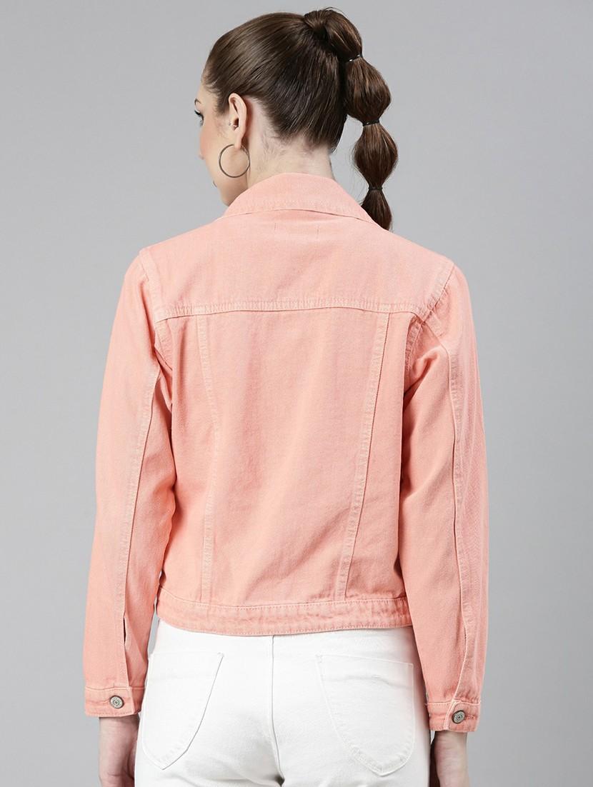 women peach solid denim jacket - 20610389 - Standard Image - 2