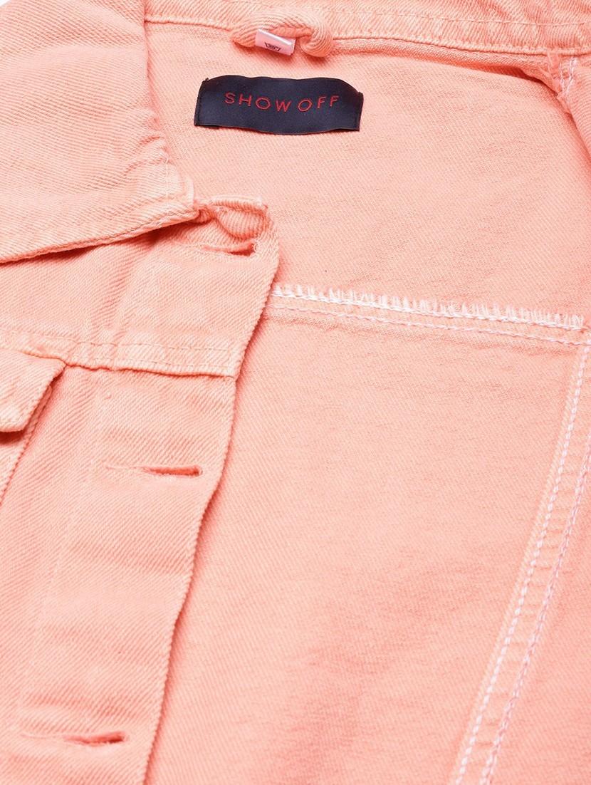 women peach solid denim jacket - 20610389 - Standard Image - 7