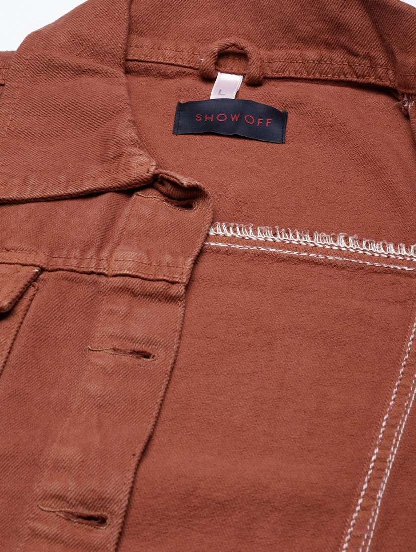 Women Rust Solid Denim Jacket - 20610392 -  Standard Image - 7