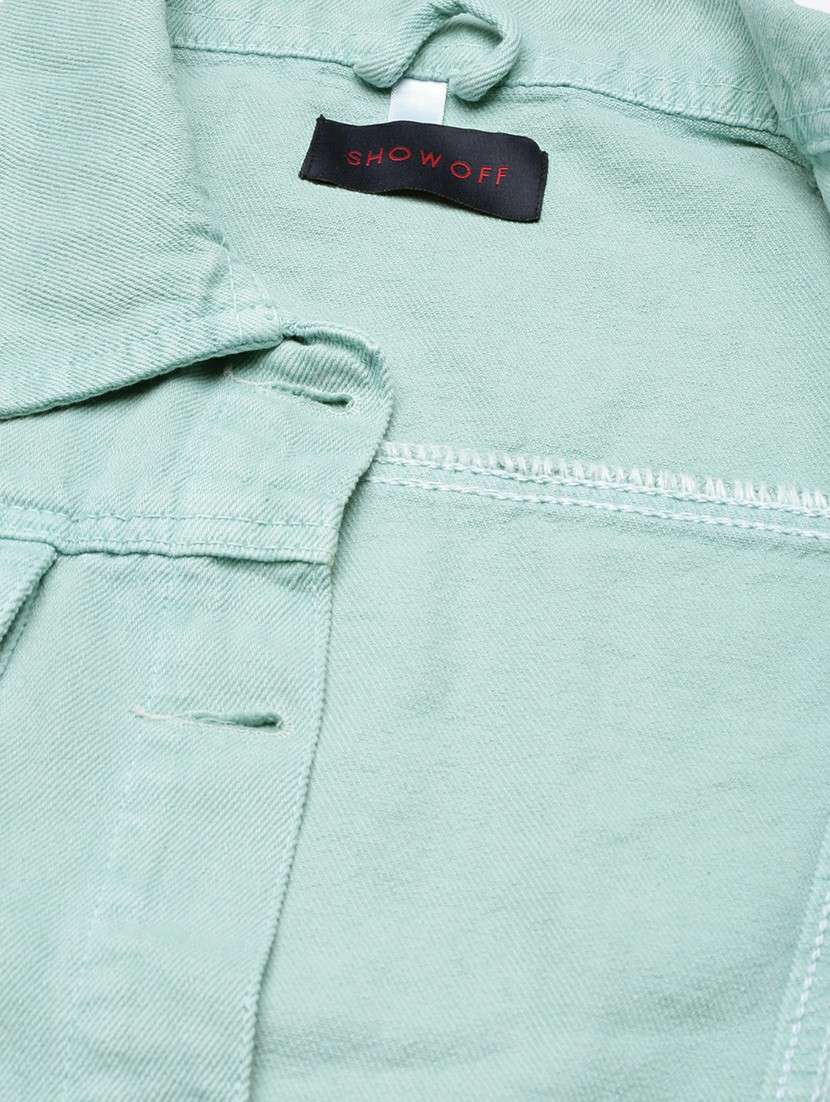 women sea green solid denim jacket - 20610394 -  Standard Image - 7