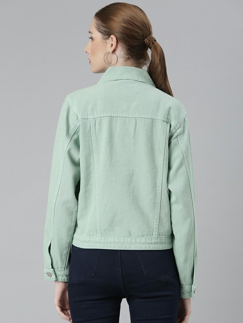 women sea green solid denim jacket - 20610395 - Standard Image - 2