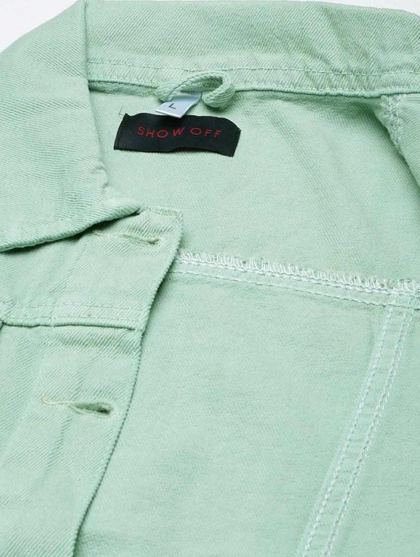 women sea green solid denim jacket - 20610395 - Standard Image - 7